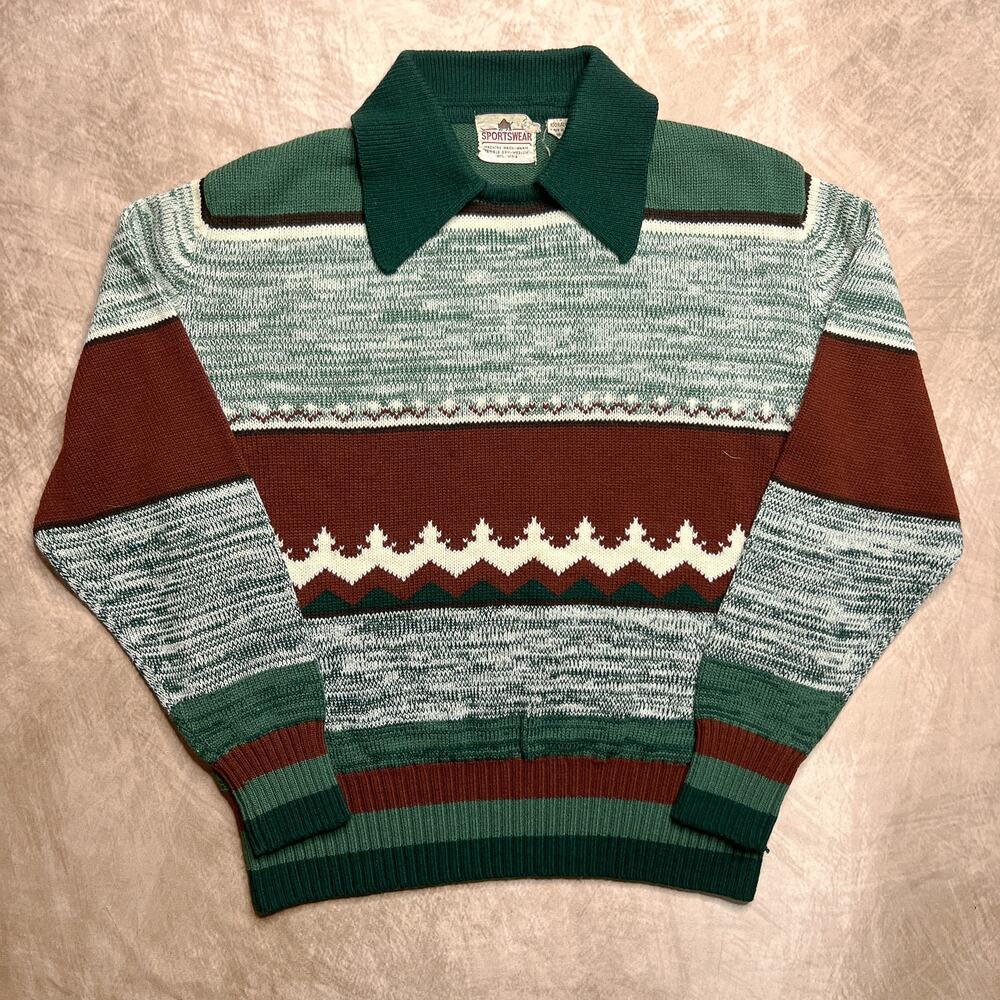 Vintage 70s Sportswear Fair Isles Collared Sweater Striped Multicolor Knit Retro